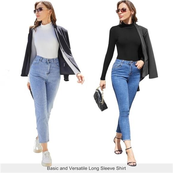 5 Pack Womens Long Sleeve Tops Mock Turtleneck Basic T Shirt Fall Stretch Tight - Picture 5 of 6
